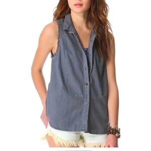 Free People Gray Blue Denim Linen Blend Sleeveless Button Front Top Size XS